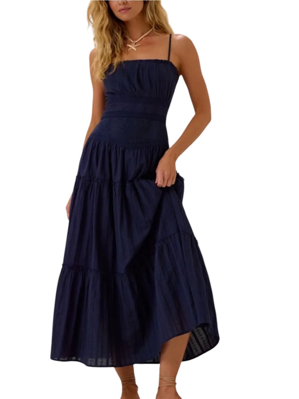 Altar'd State Odette Navy Blue Embroidered Tiered Maxi Dress XS NWT